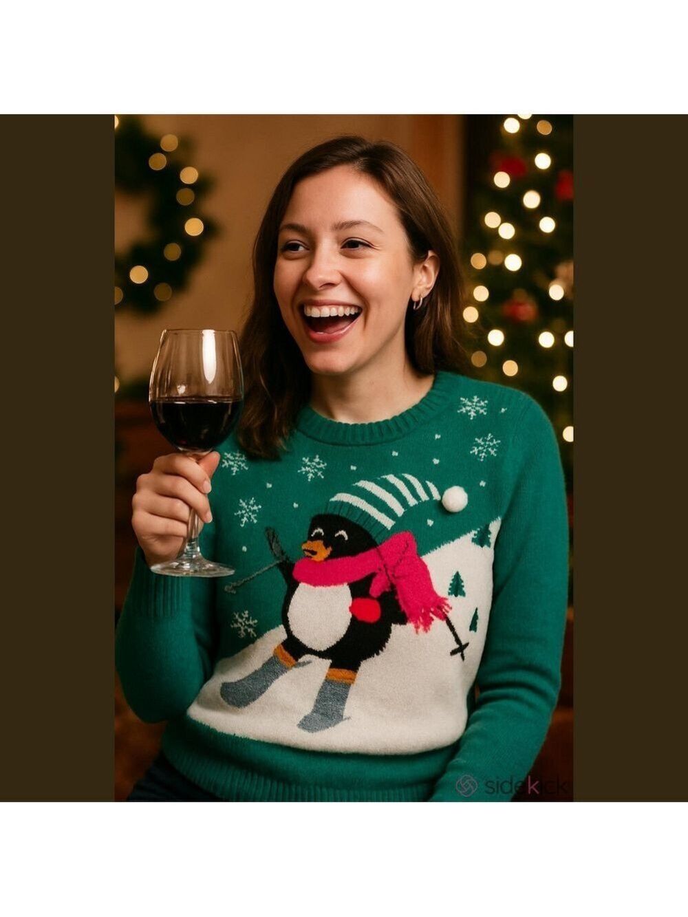 Women's Large Green Ugly Christmas Sweater Penguin Skiing